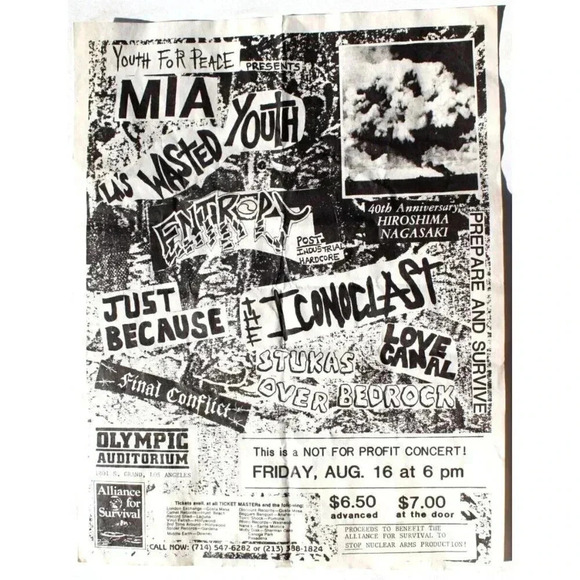 Vtg Rock Thrash Heavy Metal Band Concert Flyer Youth For Peace La's Wasted Youth - Picture 1 of 1